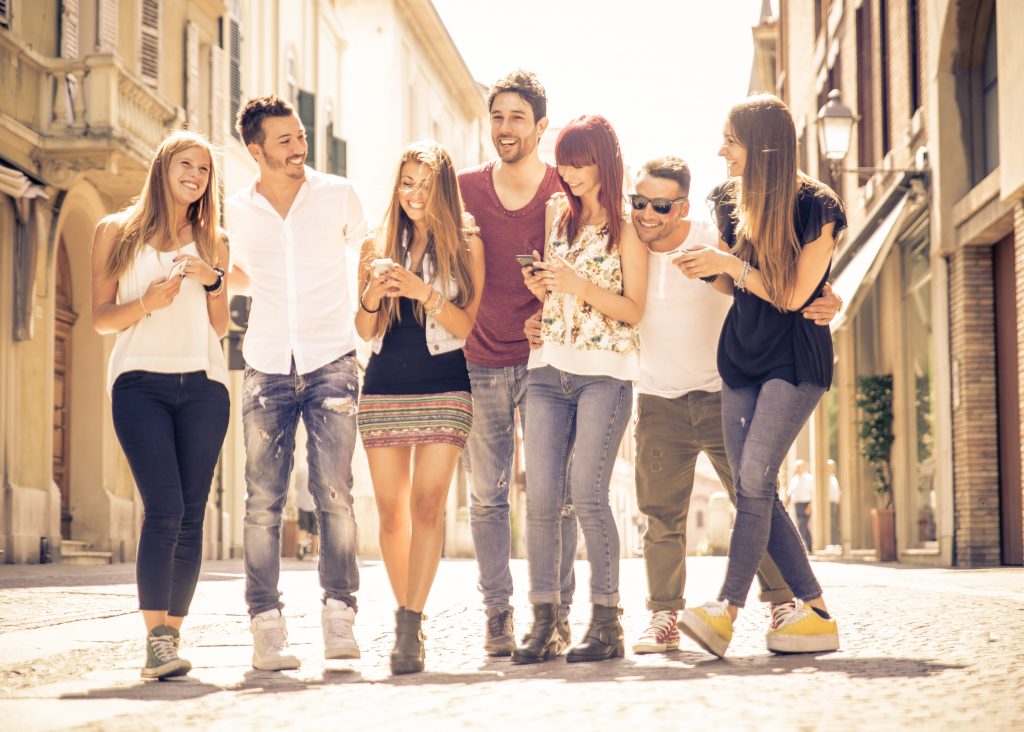 group of friends meeting in the city center