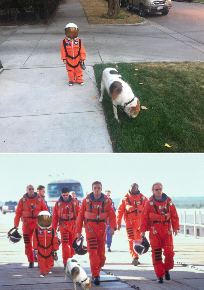 This Kid Walking His Dog In Full Astronaut Gear This Kid Walking His Dog In Full Astronaut Gear