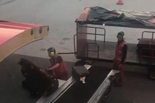 수하물 내동댕이치는 공항 하역 직원[페이스북 캡처=연합뉴스]