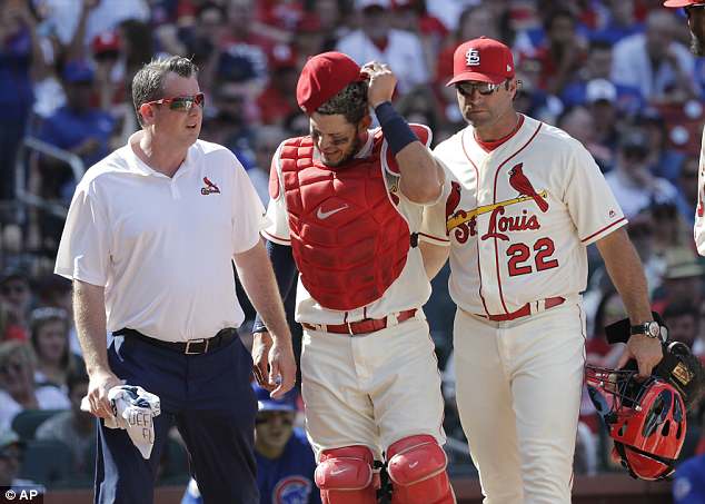 Molina limps of the field after taking the fastball to the crotch. He is expected to miss a month after undergoing emergency surgery for a