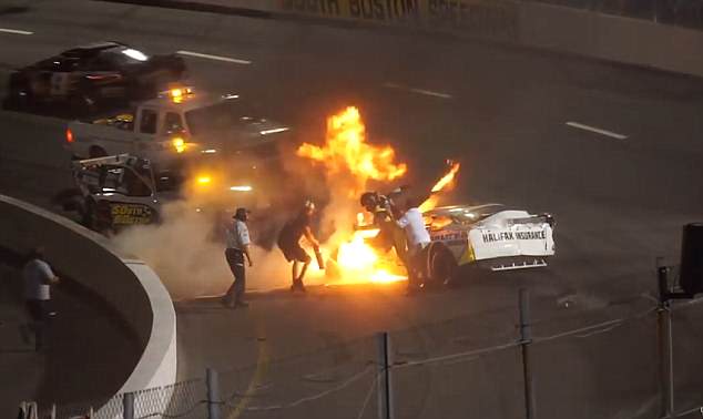 Mike Jones was spiraling out of control and was sent to crashing into the walls after he collided into another motorist, his car went up in flames at the South Boston Speedway in Virginia