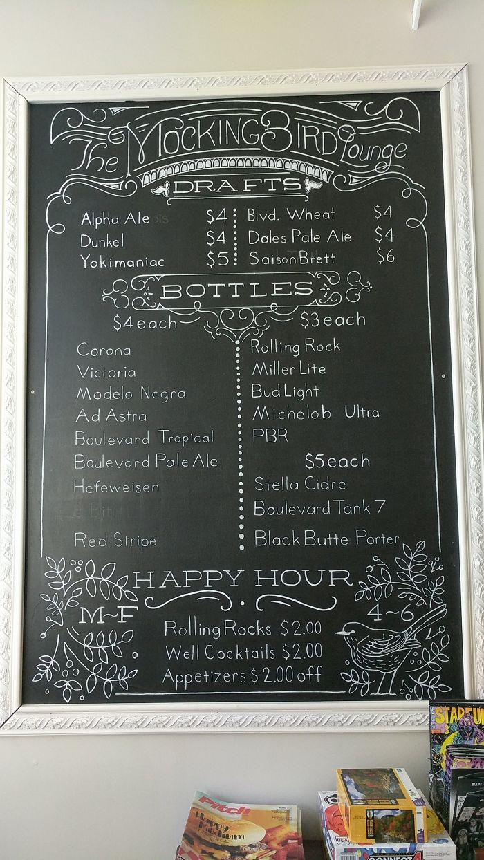 Handwritten Menu At Mockingbird Lounge