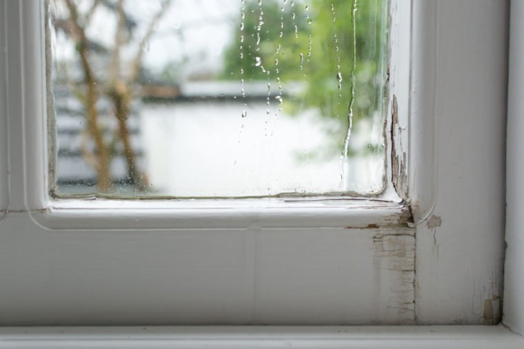 Leaking wooden window - water running down the inside of traditional single glazed timber window frame causing damage