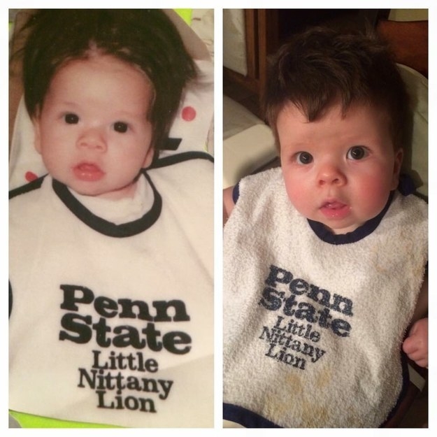"My husband on the left, our son on the right (around the same age, 7-10 months) the only difference is the state of the bib and hair style!" —jessicas436bad5f2