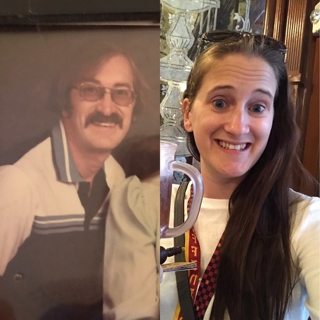"My dad passed away when I was 14, so I’ve never stood side by side with him as adult. This is him, at about age 34, and me at 32. My mom always said that I got the “best of both”... but with the exception of the rocking 80s stash (which he proudly rocked until chemo did its thing), I absolutely look like him." —kristinap48d99e23b