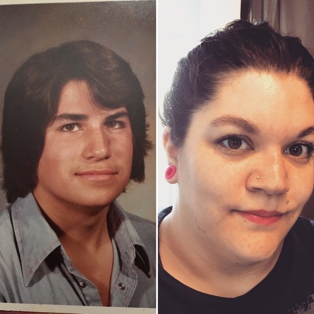 "This is my dad at 16 (1981) and me at 29 (2018) I’ve been his spitting image since the day I was born, I wish he was here still to take a new picture. If I didn’t have my hair pulled up the same cowlick would be visible as well" —allanchristina89
