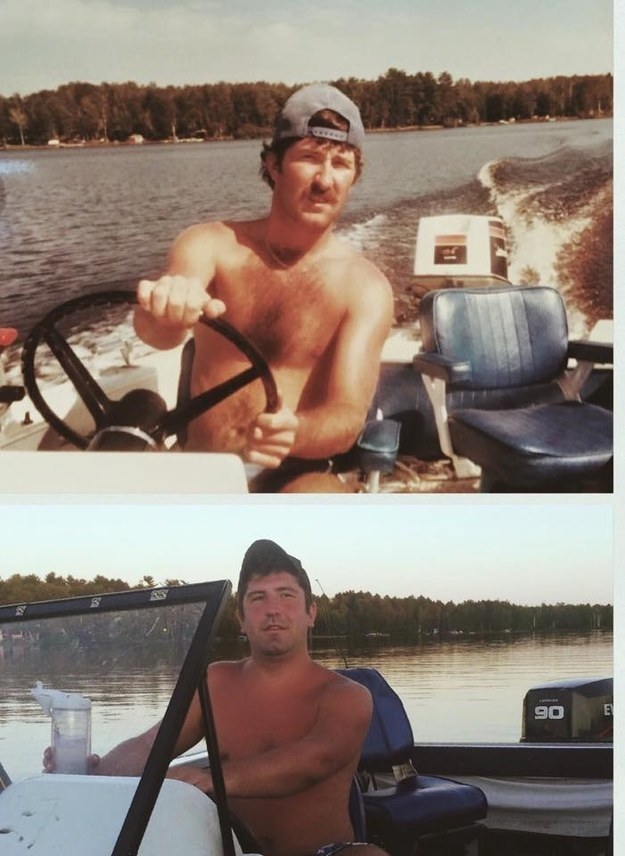 "My Dad and brother! Crazy thing is these pictures weren't even planned. I took the bottom one of my brother and when I was searching for birthday pictures of my dad, I found the top one. (same boat, too!)" —halesyeeah