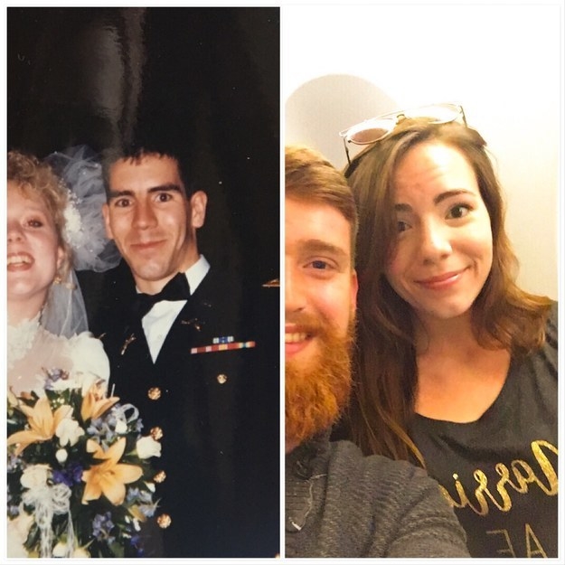 "My whole life I've been told I look exactly like my dad. The left is him at 24 at his wedding to my mom, the right is me at 23 at the start of my honeymoon. Unfortunately I couldn't find the best pictures to illustrate the resemblance, but you can still see it in the eyes/nose/forehead/chin dimple." —devinl4fd9c68c7