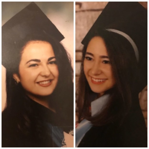 "On the left my mother’s high school graduation photo,and on the right mine :)." —eylulbeyzah