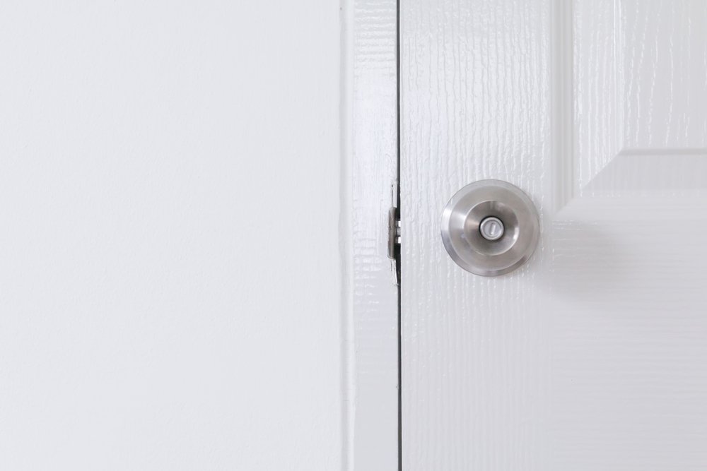 Stainless door knob,Handle on white wood door,Closeup door knob