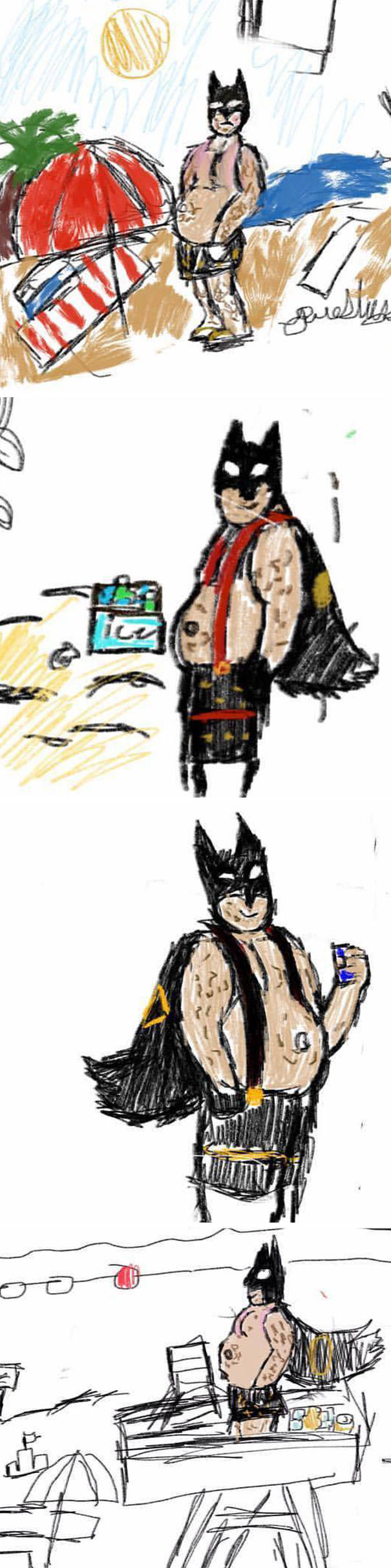 My 11-Year-Old Has Started Drawing Fat, Middle Aged Batman At The Beach And It
