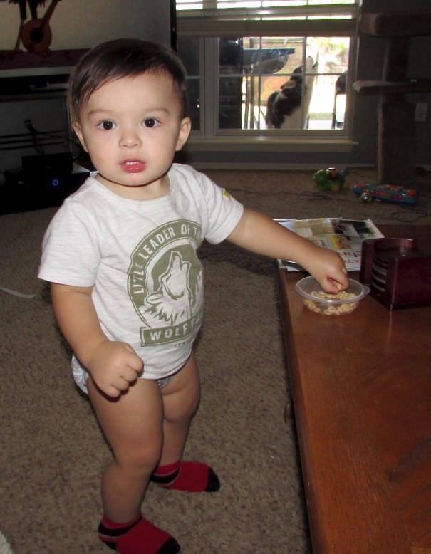 My Friends Dog In The Background And Her Sons T-Shirt Match Perfectly