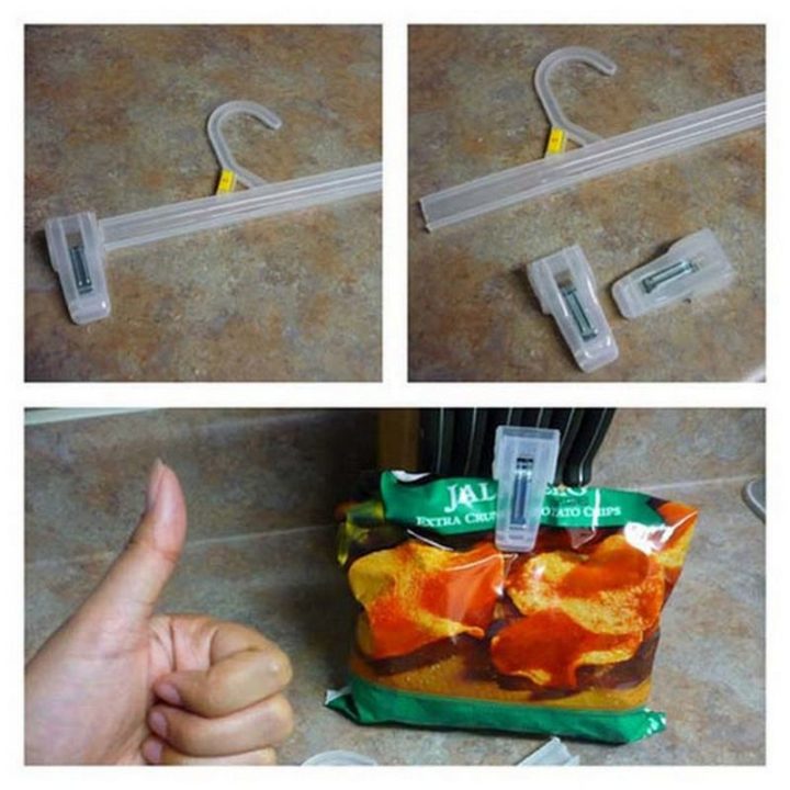 17 Kitchen Hacks - Have store hangers in your closet? Make DIY chip clips out of them.