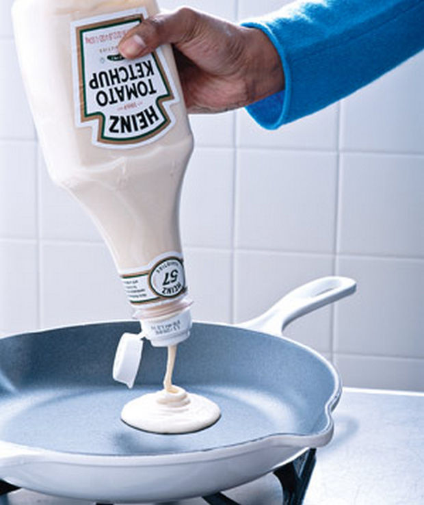 18 Upcycling Ideas - Use empty ketchup bottles for pouring pancake batter.