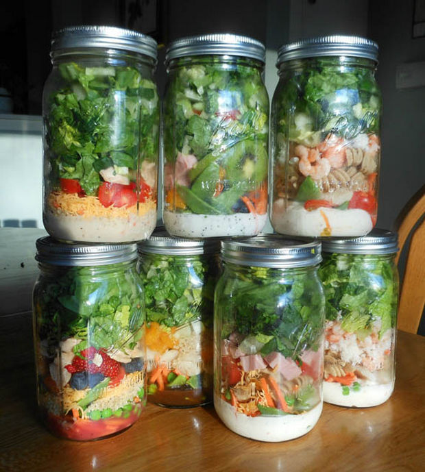 18 Upcycling Ideas - Use Mason jars to store your salad for work. Put your dressing first in the bottom of the jar and your ingredients will stay crisp until ready to eat.