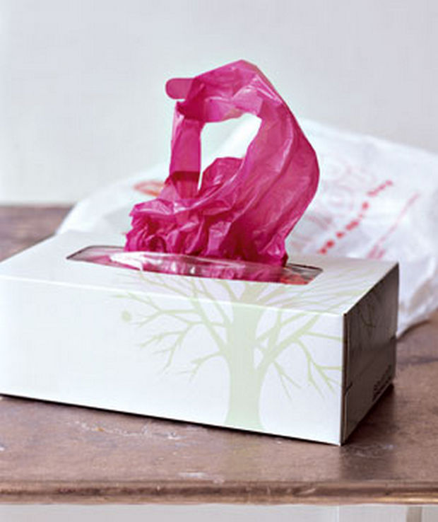 18 Upcycling Ideas - Recycle used tissue boxes to hold plastic bags instead.
