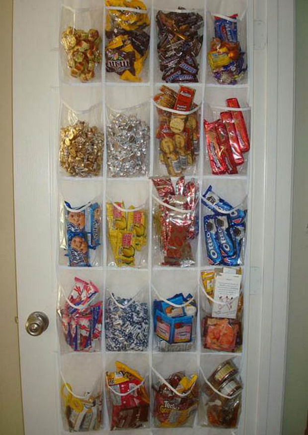 18 Upcycling Ideas - Store food or other items from your pantry in an old door shoe rack.