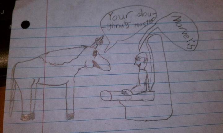 19 Clever Kids - On the back of the page, unicorns feeding donuts off their horns to Mr. Ramon sitting in his jewel-encrusted chair. I hope this kid decides to be a movie writer.