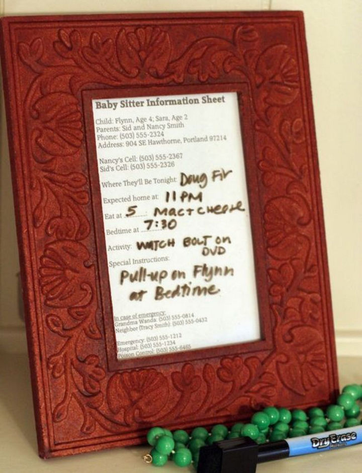 24 Life Hacks for Kids - Use a picture frame to make a handy reusable info board for the babysitter.