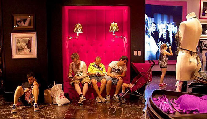 Miserable men shopping 