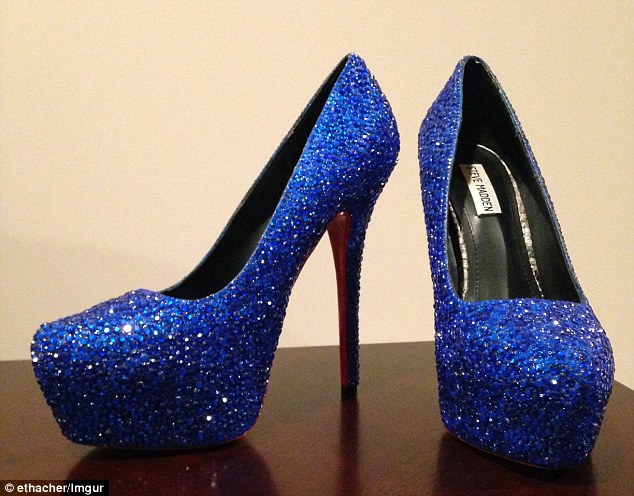 Imitation game: A crafty woman used blue rhinestones, paint and glue to make this knockoff pair of Christian Louboutin platform stilettos, which retail for ,995Â