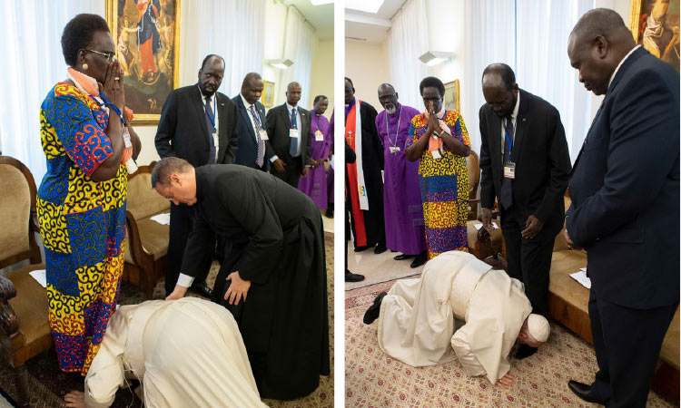 Image result for pope kisses south sudan leaders feet 750