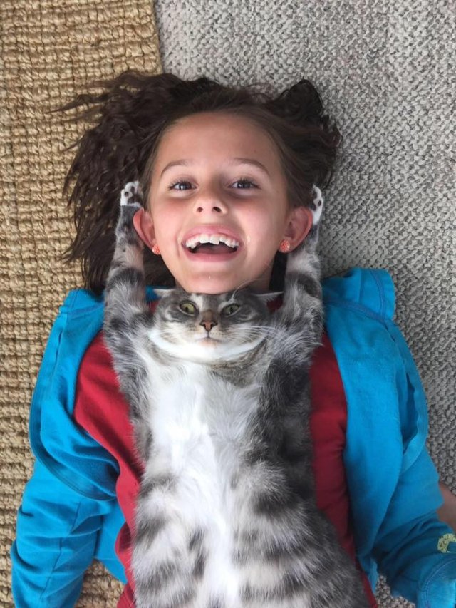 Cat snuggles with child