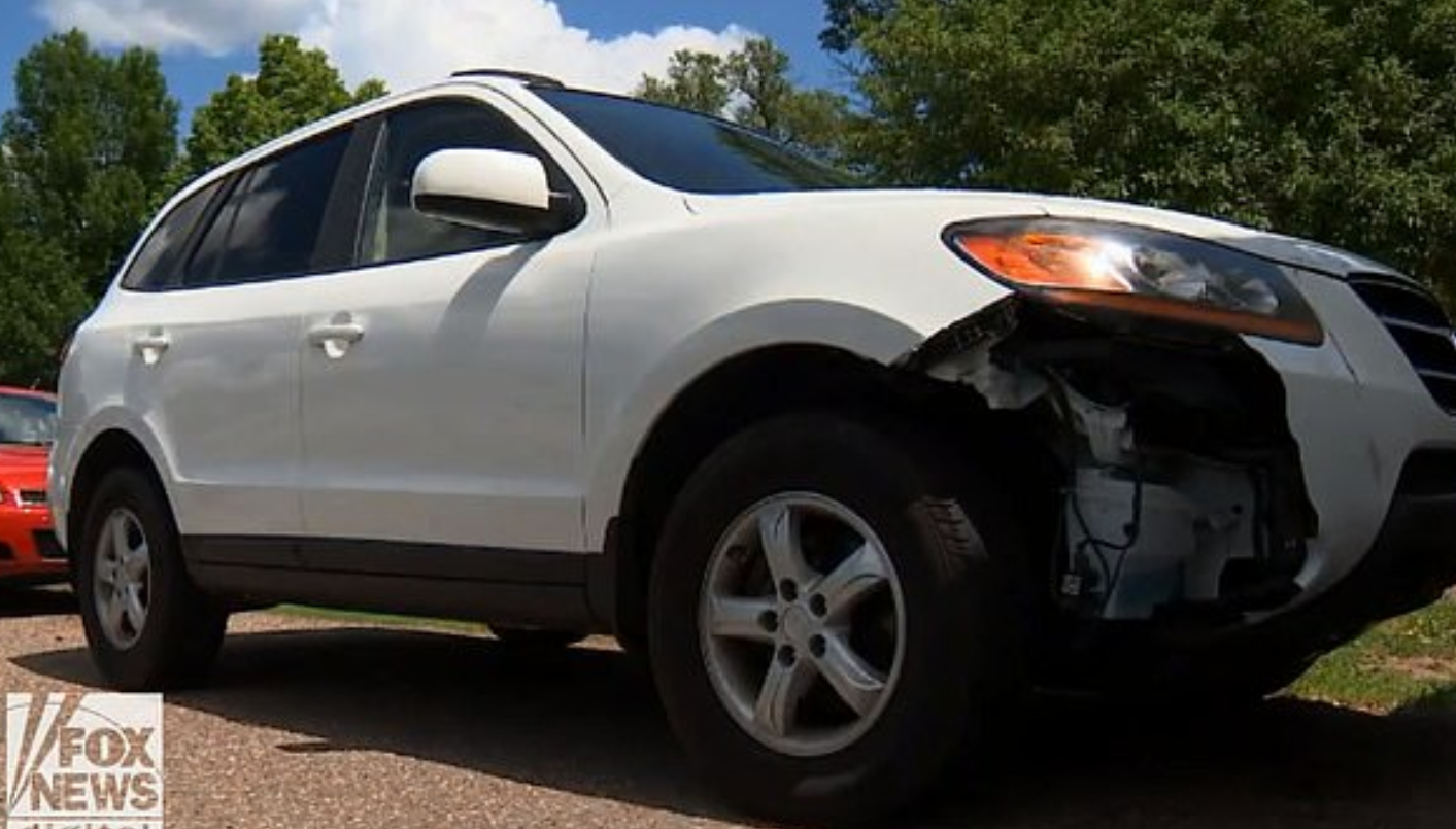 The large vehicle suffered a broken bumper from the trip. Credit: Fox 9