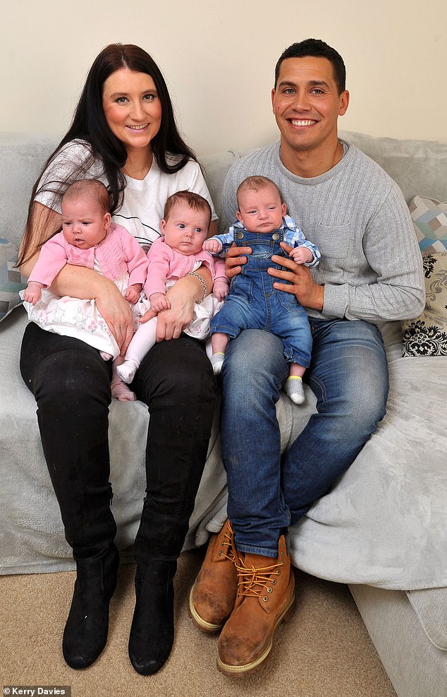 Jemma Sheppard, 33, from Newport, and her husbandÂ Anton, 32, thought they may never be able to have children. They were amazed when they became pregnant with triplets (l-rÂ Areya,Rome and Elevyn)