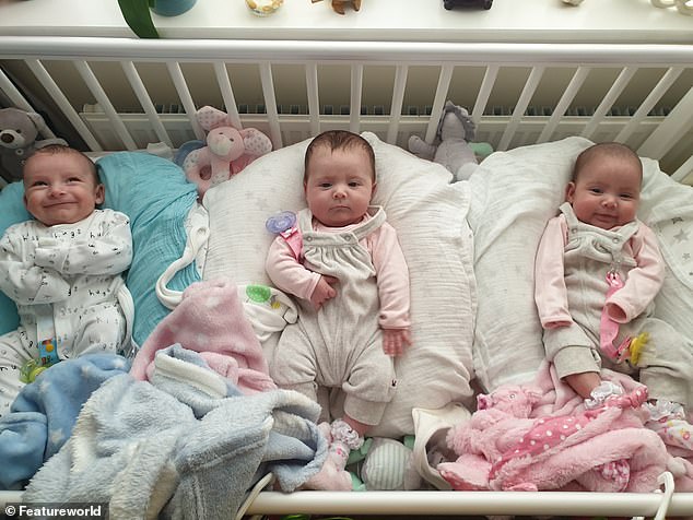 The triplets are already developing different characteristics. Pictured: Rome being cheeky chappie, serious Elevyn who loves having cuddles, and sweet-natured Areya