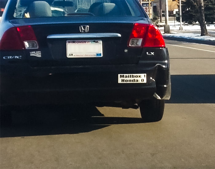 Mailbox: 1, Honda: 0 Mailbox: 1, Honda: 0