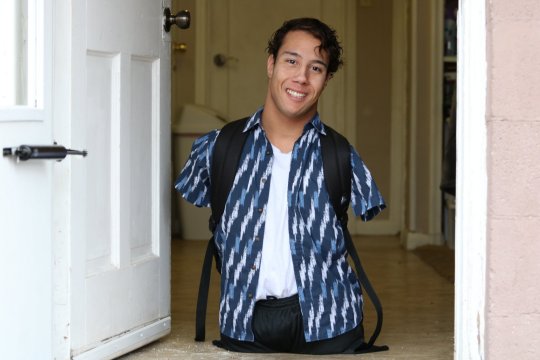 *** EXCLUSIVE - VIDEO AVAILABLE *** ROY, UTAH - JANUARY 19: Gabe Adams smiles to the camera on 19 January 2019 in Roy Utah. A MAN born with no limbs, who took up break dancing as a way of making friends, discovered he not only had a gift for it but that it could inspire others. Gabe Adams, 19, was born in Sao Paulo, Brazil with Hanhart syndrome, a rare medical condition characterised by underdeveloped limbs, mouth and jaw. In Gabe?s case none of his limbs grew at all. Adopted by American parents Janelle and Ron Adams, Gabe was brought to the US as a baby and grew up with his 13 siblings in Kaysville, Utah. From a young age Gabe started using a wheelchair but parents Ron and Janelle were determined that their son would be as independent as possible, pushing Gabe to learn to move independently of his wheelchair. At school he tried out for the dance team as a way of making friends ? discovering he could use his limbless body to his advantage in the art of break dancing. After graduating from high school Gabe has continued to prove his independence, moving out of the family home and embarking on a career as a motivational speaker. PHOTOGRAPH BY Sohrab Mirmont / Barcroft Images