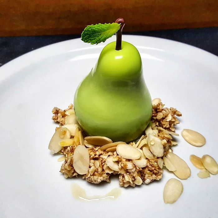 Pear Parfait, Charred Overnight Oats, Almonds, Honey Pear Parfait, Charred Overnight Oats, Almonds, Honey