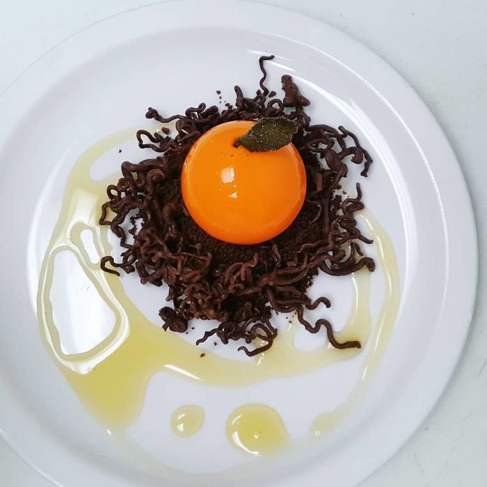 Blood Orange Bavarois, Fanta Syrup, Lemon Balm, Chocolate Blood Orange Bavarois, Fanta Syrup, Lemon Balm, Chocolate