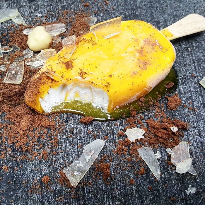 Tropical Fruits Ice Cream, Chocolate Soil, Sugar Glass Tropical Fruits Ice Cream, Chocolate Soil, Sugar Glass