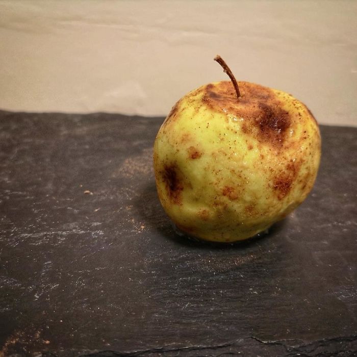 The Rotten Apple... Apple Mousse Coated In Chocolate Filled With Custard The Rotten Apple... Apple Mousse Coated In Chocolate Filled With Custard