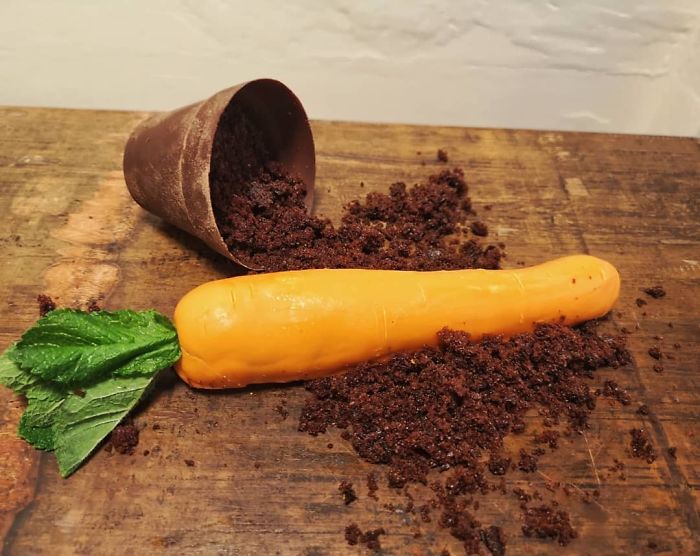 Carrot Cake Shaped Like A Carrot, Chocolate Plantpot Filled With Whipped Cream Cheese Icing, Chocolate Soil Carrot Cake Shaped Like A Carrot, Chocolate Plantpot Filled With Whipped Cream Cheese Icing, Chocolate Soil