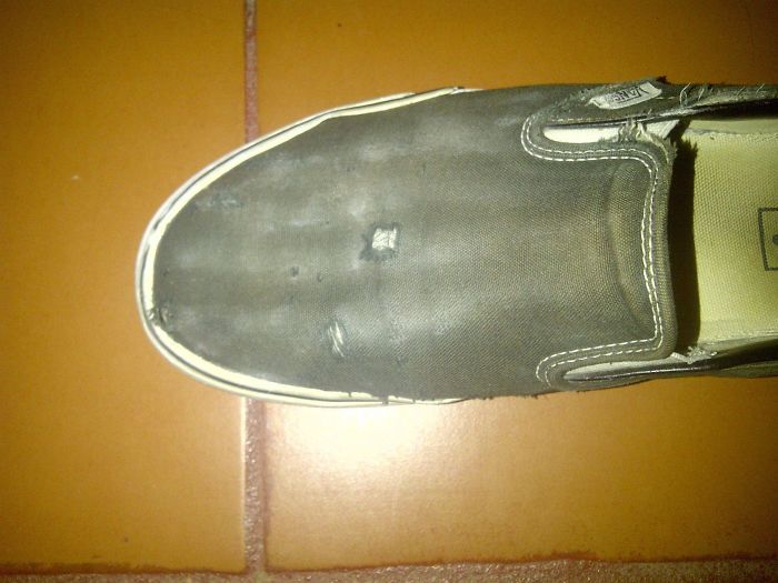 Moving Around Dumbells With My Foot Wore My Shoes Into Showing My Foots Skeletal Pattern Moving Around Dumbells With My Foot Wore My Shoes Into Showing My Foots Skeletal Pattern