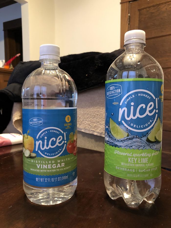 Walgreen’s Vinegar On Your Left, My Husband’s Regular Sparkling Water Go-To On Your Right. He Discovered His Error A Little Too Late Walgreen’s Vinegar On Your Left, My Husband’s Regular Sparkling Water Go-To On Your Right. He Discovered His Error A Little Too Late