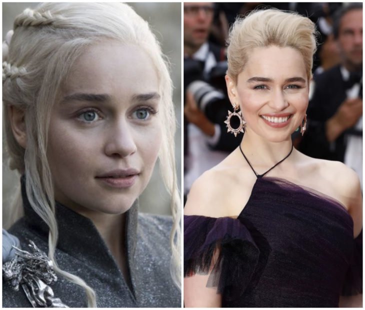 Emilia Clarke sonriendo durante una alfombra roja y en Game of Thrones como Daenerys