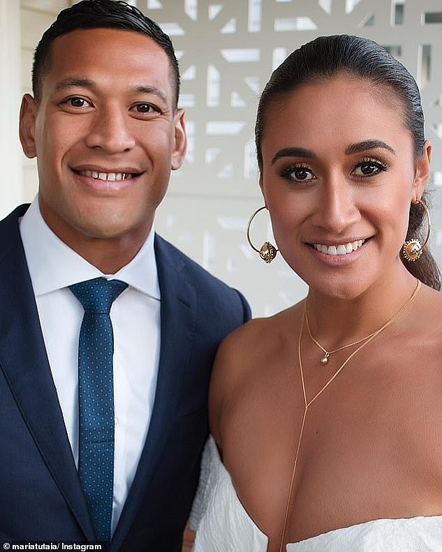 Folau (left with wife Maria) said same-sex marriage and abortion were 
