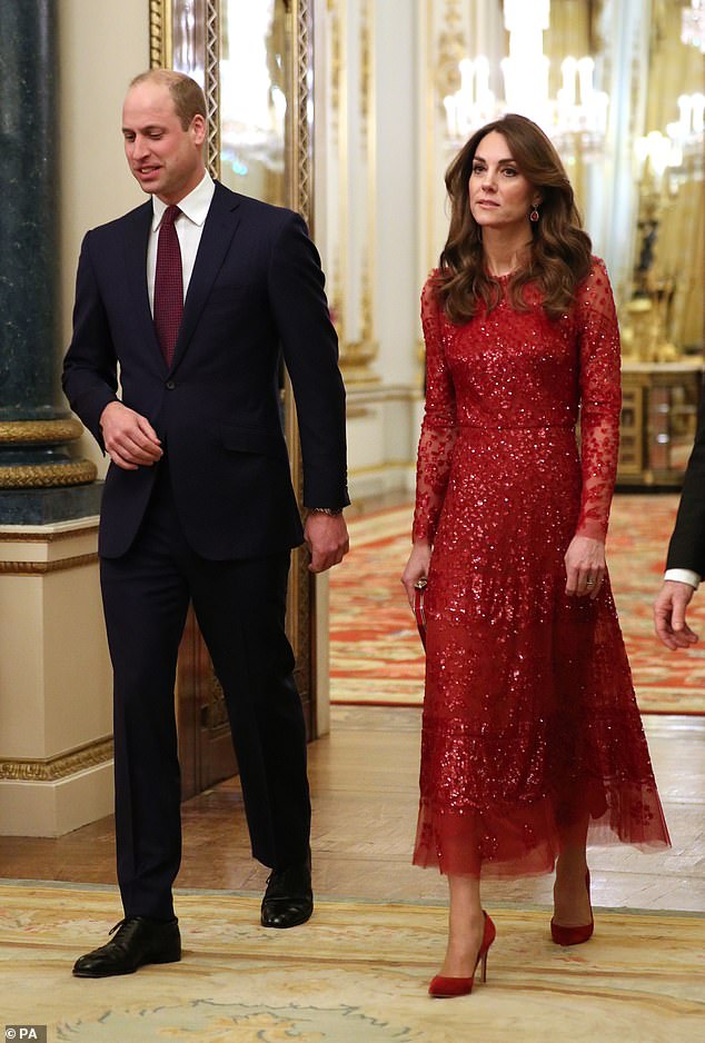 Kate Middleton, 38, donned a stunning cherry red £410 sequin gown by Needle & Thread as she arrived at the UK-Africa Investment Summit at Buckingham Palace this evening
