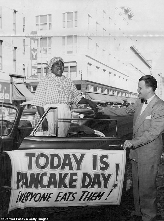 A woman playing Aunt Jemima in 1951. Multiple women have been tapped to play the iconic role