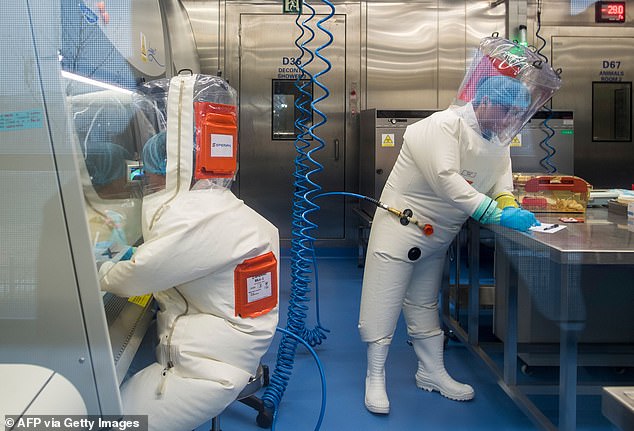 Workers are seen next to a cage with mice inside the P4 laboratory in Wuhan. It has been revealed that the lab also carried out research on bats from the source location of COVID-19