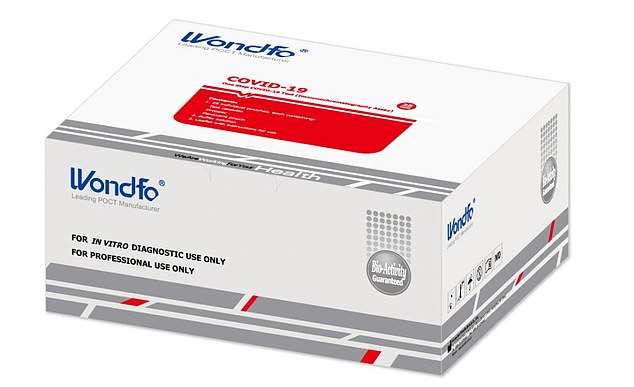 The antibody testing kits were reportedly produced by Chinese firms Guangzhou Wondfo Biotech and Zhuhai Livzon Diagnostics, according to Indian news outlet NDTV. Pictured: The test made by Wondfo Biotech