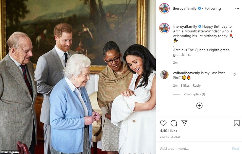 The Queen was among the first to wish baby Archie a Happy Birthday. She is pictured being introduced to baby Archie in May last year. Little Archie Harrison was introduced to the Queen, the Duke of Edinburgh, and Meghan