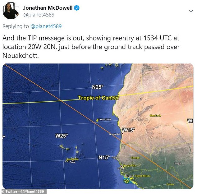 Astronomer Jonathan McDowell of the Harvard Smithsonian Center for Astrophysics said the last major uncontrolled descent was the 39 ton Salyut-7 in 1991
