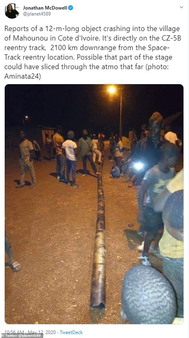 A large chunk landed off the coast of West Africa and smaller pieces fell in Cote d