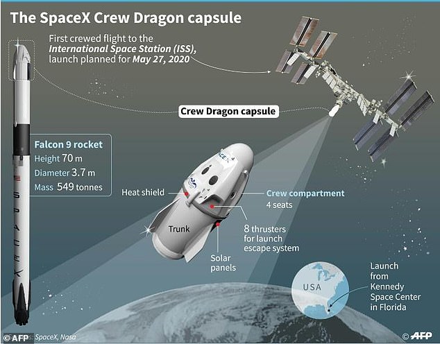 The SpaceX Crew Dragon capsule is shown above alongside its position on the Falcon 9 rocket