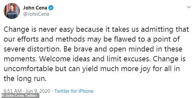Speaking out: Cena took to social media Tuesday with a statement on the issues, and the growing pains that are inevitable en route to a societal sea change